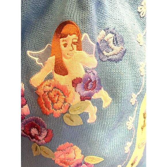 Storybook Knits Cherub Garland Embroidered Cardigan Sweater Blue Short Sleeve 1X - Picture 4 of 9